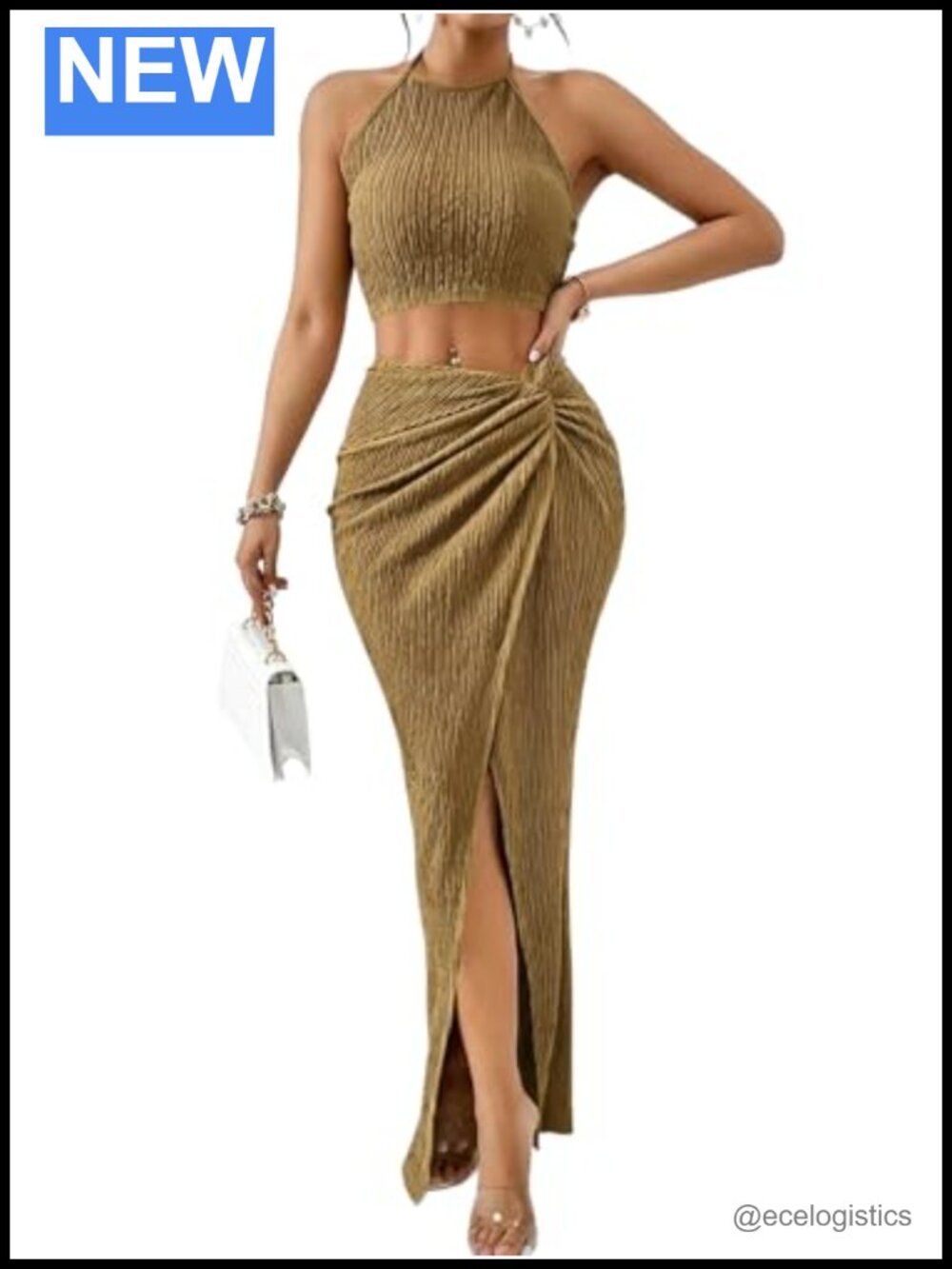 Two Piece Skirt Set Sleeveless Halter Crop Top High Slit Long Skirt